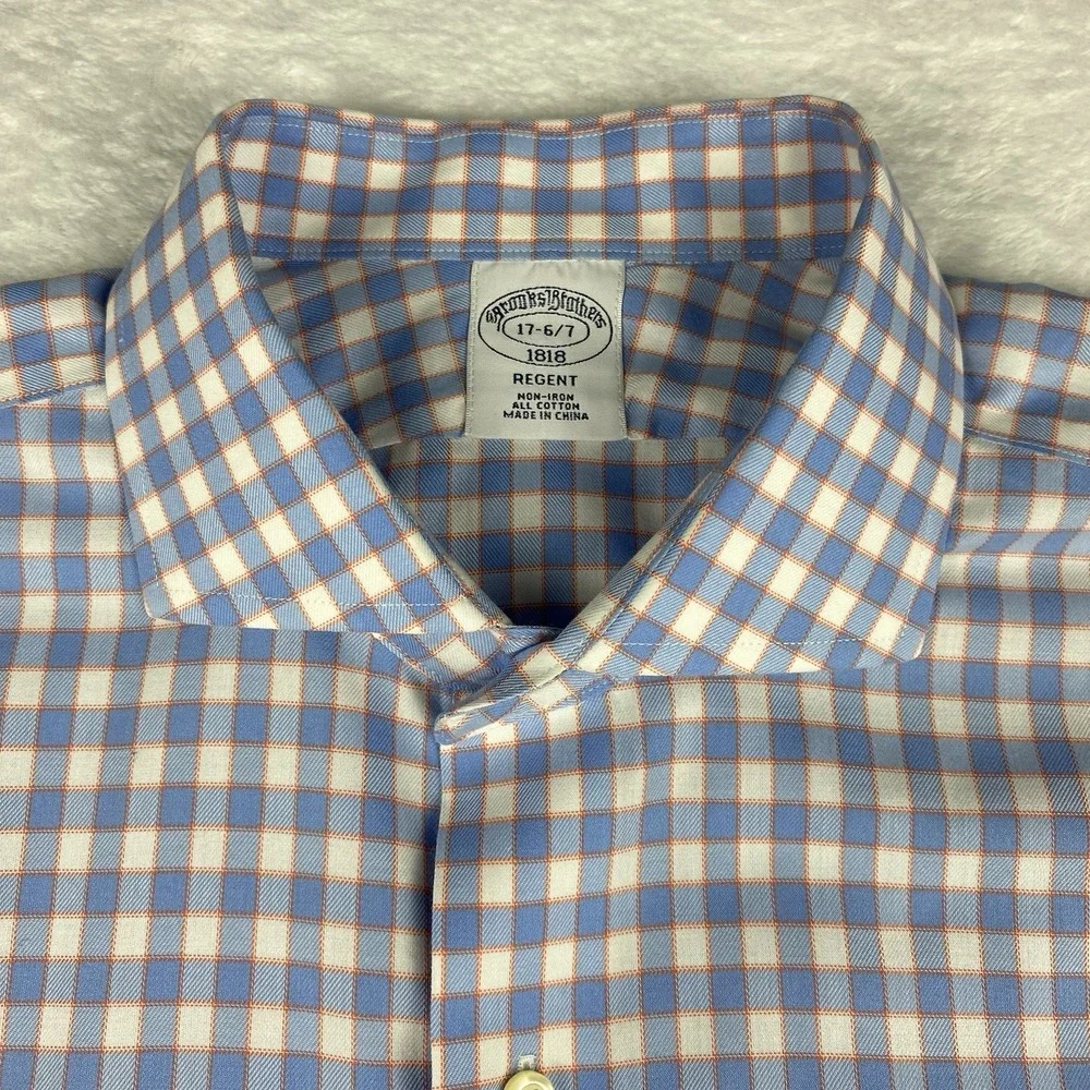 Brooks Brothers Dress Shirt Mens 17-6/7 Blue/White/Orange Checks Regent No Iron